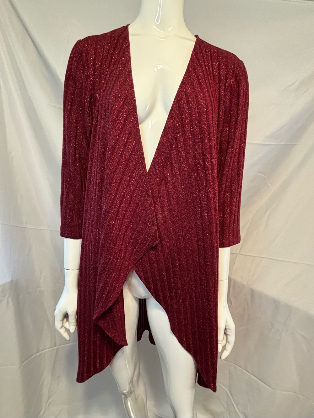 R & M Richards Sparkle Burgundy Draped Open Cardigan